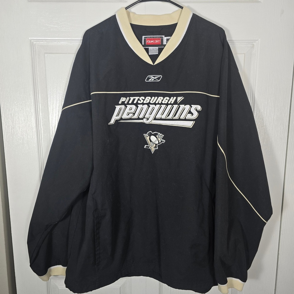 VTG Reebok Pittsburgh Penguins NHL Pullover Windbreaker V-Neck Black Men's XL